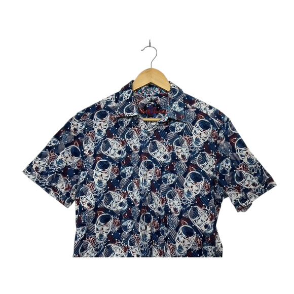 Robert Graham Classic Fit Blue SKULL Print Short Sleeve Button-Up Shirt Medium - Picture 2 of 7